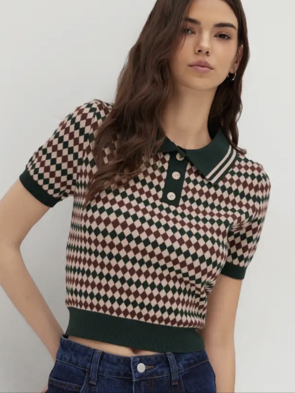 Cider Knit Polo Short-Sleeve Argyle Green Retro Top Sz L